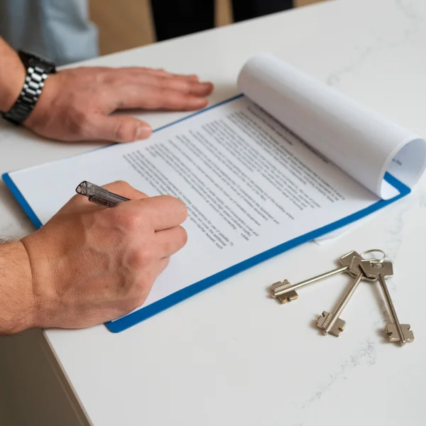 Homme signant un contrat avec des clés.